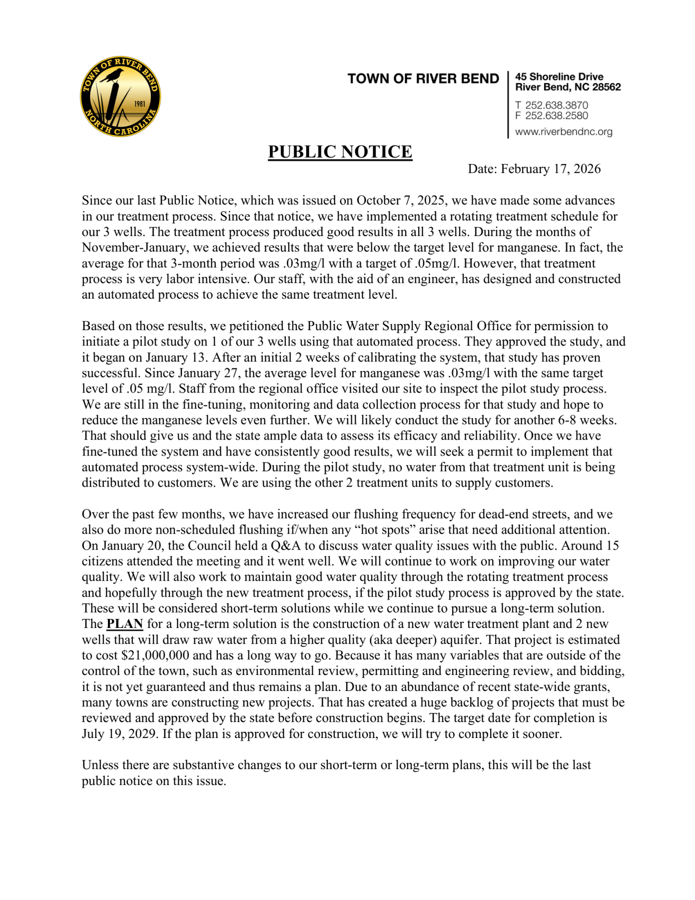 Water Quality Public Notice IV